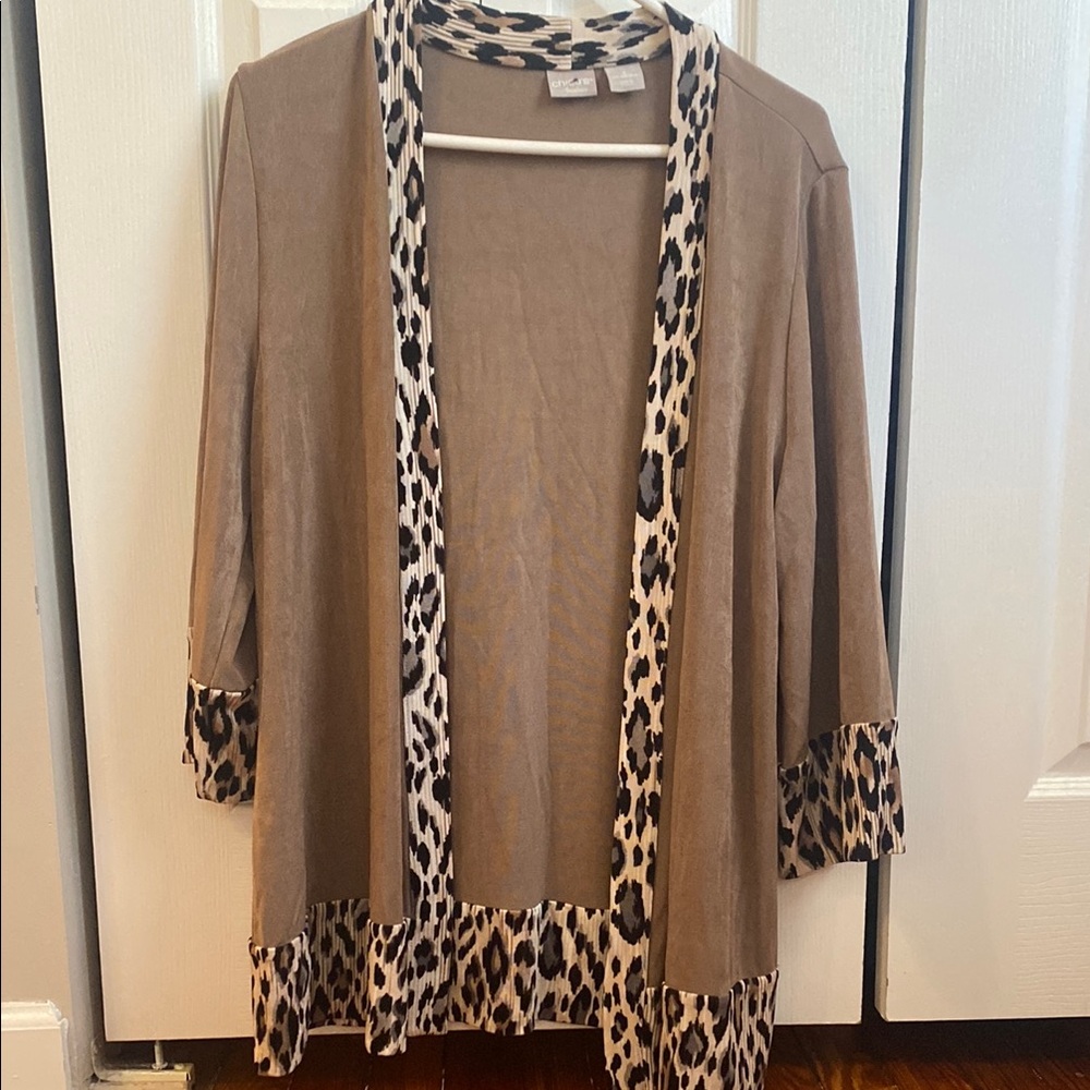 Chico's Tan Cardigan with Leopard Trim